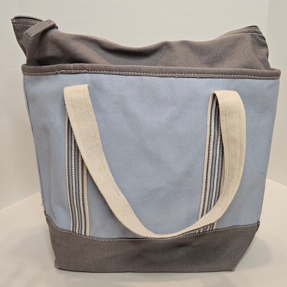 Lands' End Medium Zip Top Canvas Tote in pale blue & gray with striped straps - Picture 2 of 10